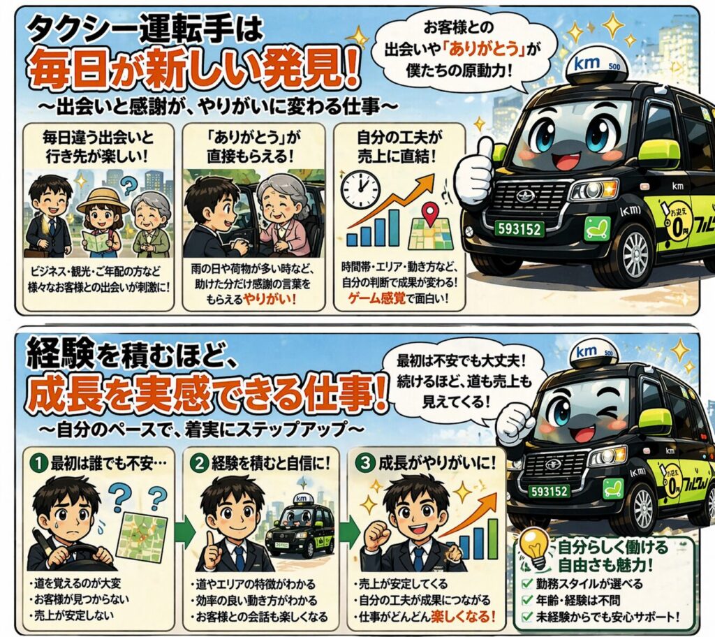 タクシー運転手のやりがいと成長を解説する漫画風インフォグラフィック｜出会い・収入・成長の魅力