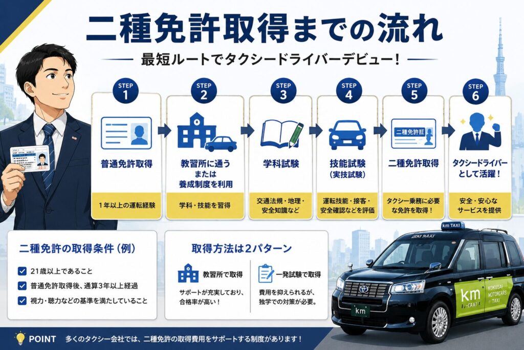二種免許取得までの流れを図解したインフォグラフィック。普通免許取得後、教習所や養成制度の利用、学科試験・技能試験を経て二種免許を取得し、タクシードライバーとして活躍するまでのステップをわかりやすく紹介。KMタクシー車両イメージ付き。