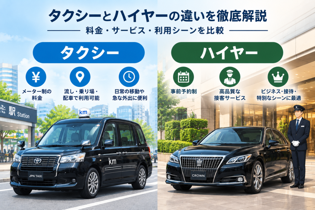 日本のタクシーとハイヤーの違いを比較したイラスト。左側にトヨタ・JPN TAXIのタクシー、右側に運転手付きの高級車を描き、料金、予約、サービス、利用シーンの違いを紹介している。